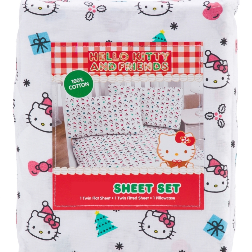 🆕️ SANRIO HELLO KITTY BOWS AND SANTA SHEET SET - TWIN